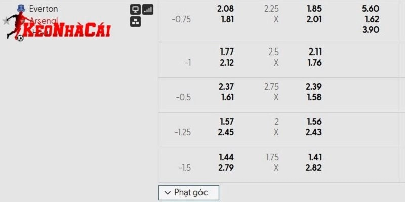 Soi kèo Everton vs Arsenal thông qua bảng tỷ lệ